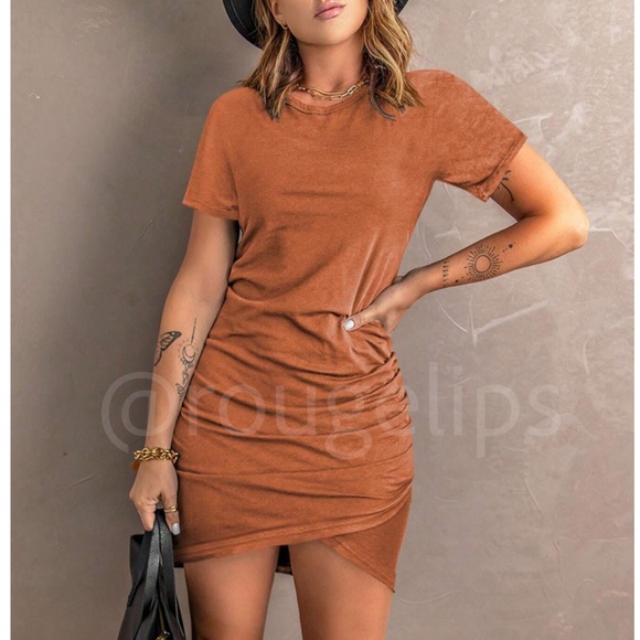 Rouge! Dresses & Skirts - Burnt Orange Mini Tee Shirt Dress Casual Ruched Overlapping Skirt Hem